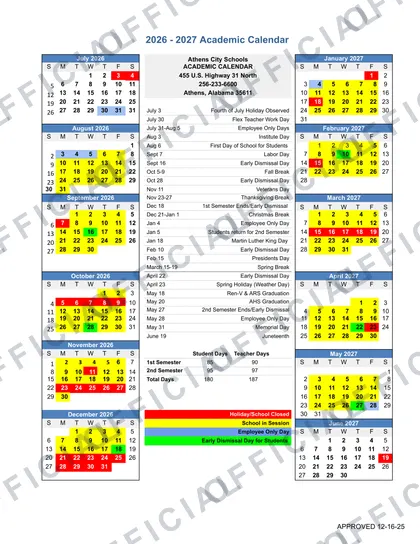 Athens City Schools 2026-27 calendar