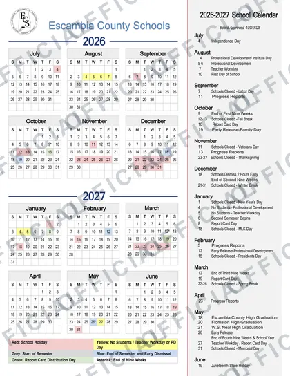 Escambia County Schools 2026-27 calendar