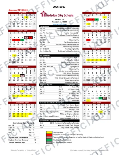 Gadsden City Schools 2026-27 calendar