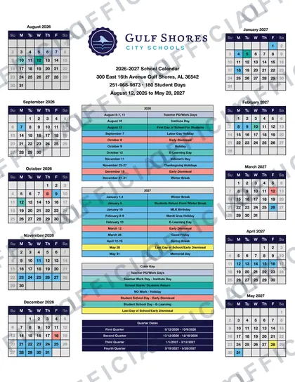Gulf Shores City Schools 2026-27 calendar