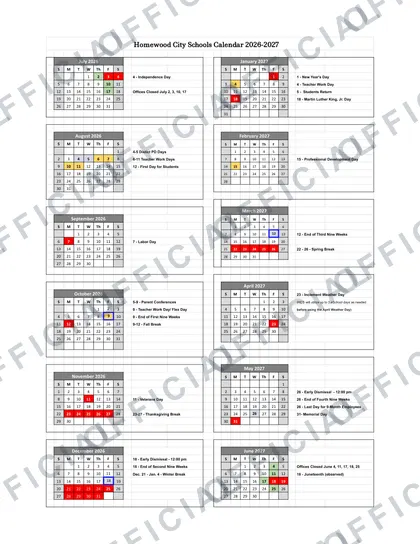 Homewood City Schools 2026-27 calendar