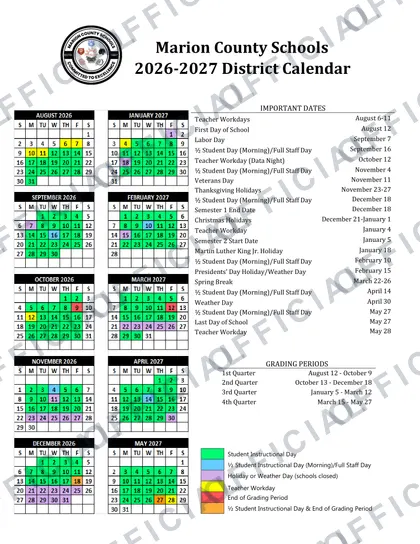 Marion County Schools 2026-27 calendar