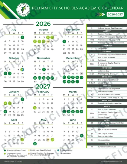 Pelham City Schools 2026-27 calendar