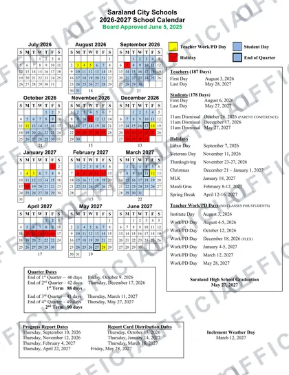 Saraland City Schools 2026-27 calendar