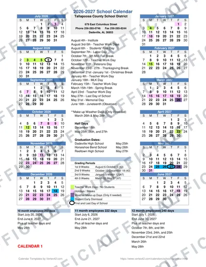 Tallapoosa County School District 2026-27 calendar