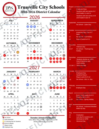 Trussville City Schools District 2026-27 calendar