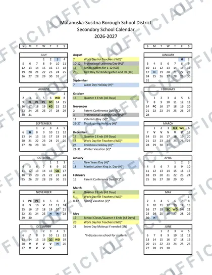 Matanuska-Susitna Borough School District 2026-27 calendar