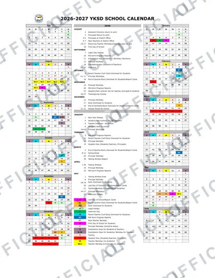 YKSD School 2026-27 calendar