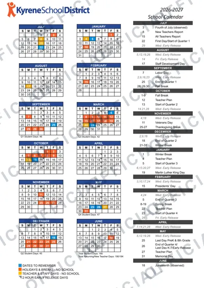 Kyrene School District 2026-27 calendar