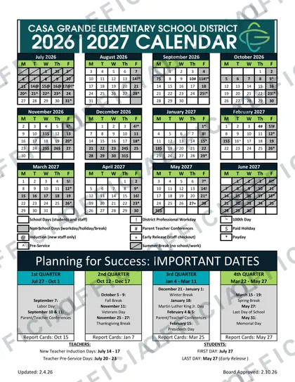 Casa Grande Elementary School District 2026-27 calendar