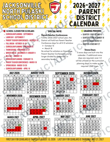 Jacksonville North Pulaski School District 2026-27 calendar