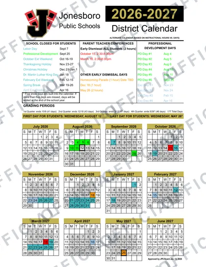 Jonesboro Public Schools 2026-27 calendar