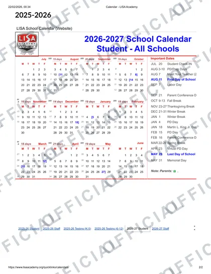 LISA Academy 2026-27 calendar