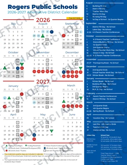 Rogers Public Schools District 2026-27 calendar