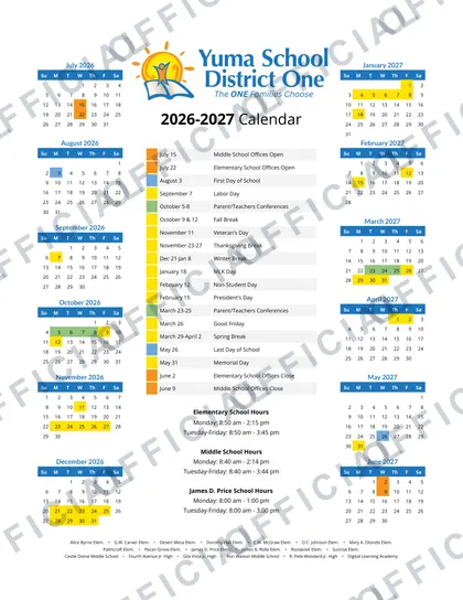 Yuma School District One 2026-27 calendar
