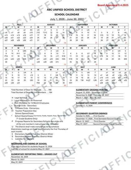 ABC Unified School District 2026-27 calendar