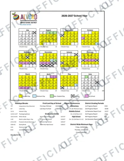 Alvord USD 2026-27 calendar