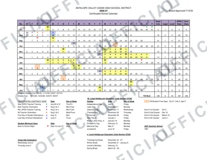 Antelope Valley Union High School District 2026-27 calendar