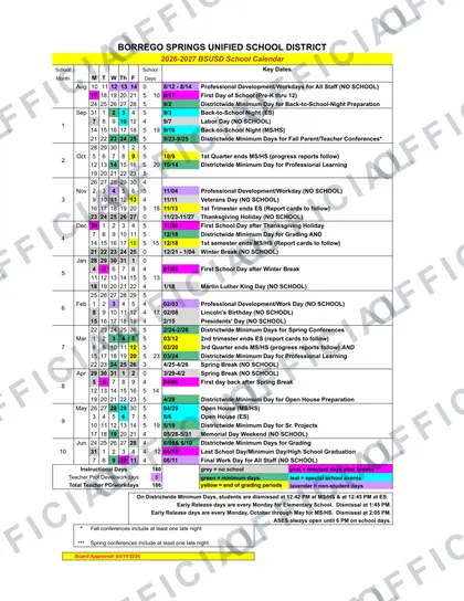 Borrego Springs Unified School District 2026-27 calendar