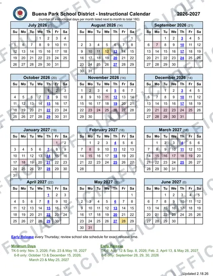 Buena Park School District 2026-27 calendar