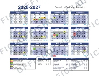 Central Unified School District USD 2026-27 calendar
