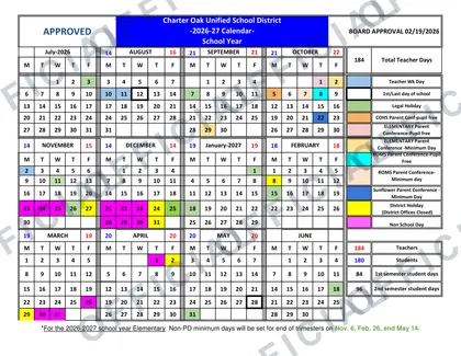 Charter Oak Unified School District 2026-27 calendar