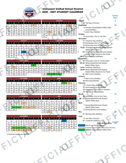 Claremont Unified School District 2026-27 calendar