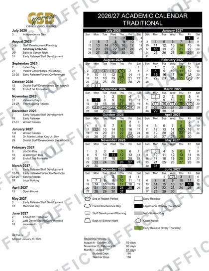 Cypress School District 2026-27 calendar