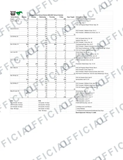 Ferndale Unified School District 2026-27 calendar