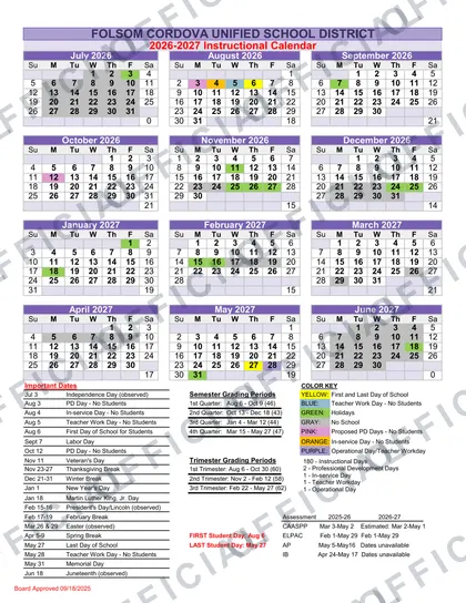 Folsom Cordova Unified School District 2026-27 calendar
