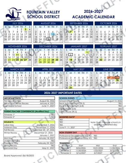 Fountain Valley School District 2026-27 calendar