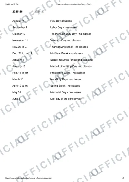Fremont Union High School District 2026-27 calendar