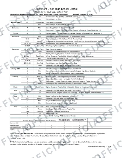 Grossmont GUHSD Union High School District 2026-27 calendar