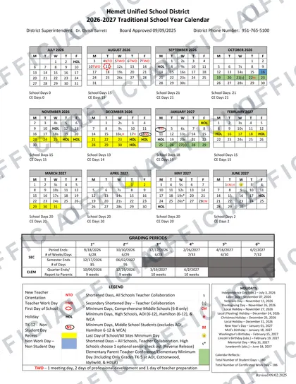Hemet USD 2026-27 calendar