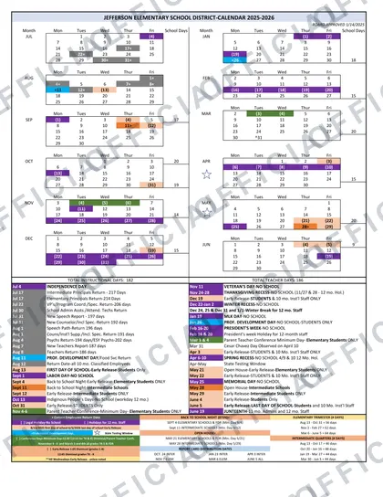 Jefferson Elementary School District 2026-27 calendar