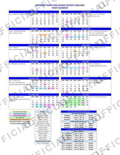 Jefferson Union High School District JUHSD 2026-27 calendar