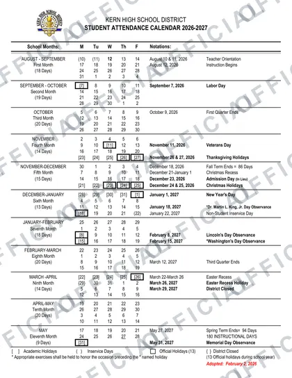 Kern High School District USD 2026-27 calendar