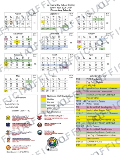 La Habra City School District 2026-27 calendar