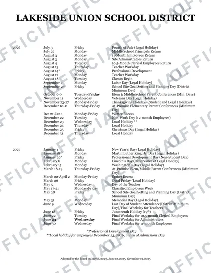 Lakeside Union School District 2026-27 calendar