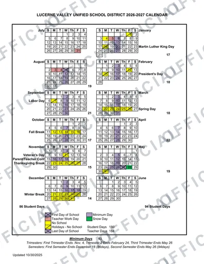 Lucerne Valley USD 2026-27 calendar
