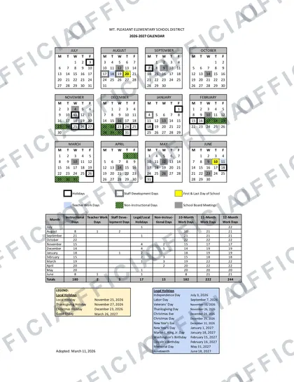 MT. PLEASANT ELEMENTARY SCHOOL DISTRICT 2026-27 calendar
