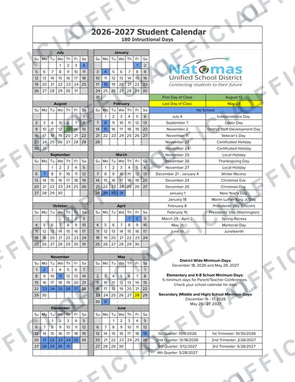 Natomas Unified School District USD 2026-27 calendar
