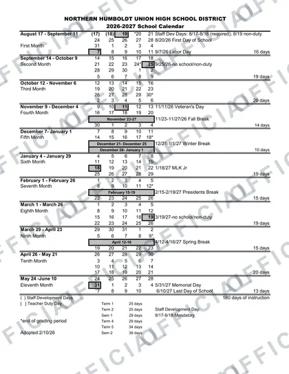 Northern Humboldt School District 2026-27 calendar