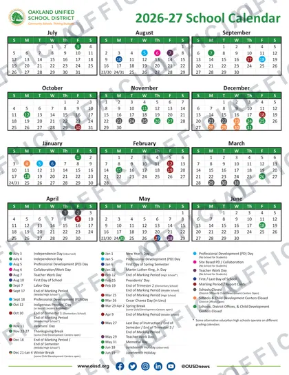 Oakland Unified School District 2026-27 calendar