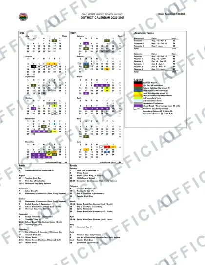Palo Verde USD 2026-27 calendar