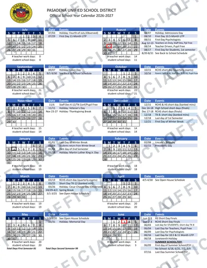 Pasadena USD Calender 2026-27 calendar