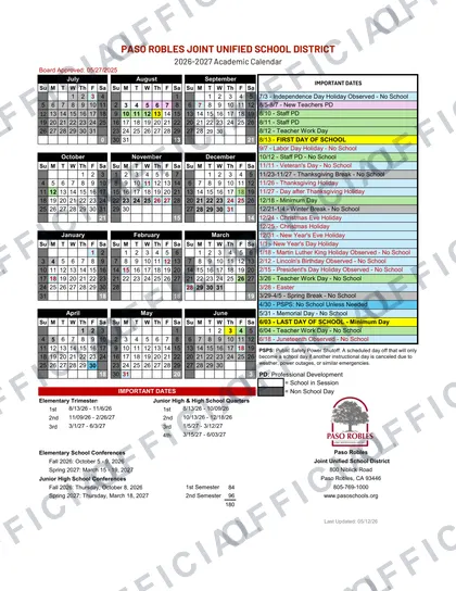 Paso Robles Joint Unified School District 2026-27 calendar