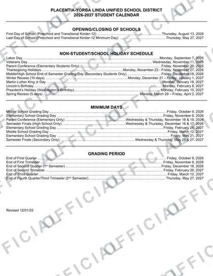 Placentia-Yorba Linda USD Calender 2026-27 calendar