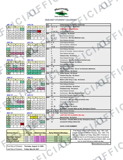Placerville Union School District 2026-27 calendar