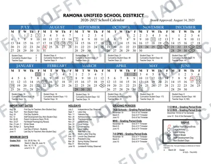 Ramona USD 2026-27 calendar